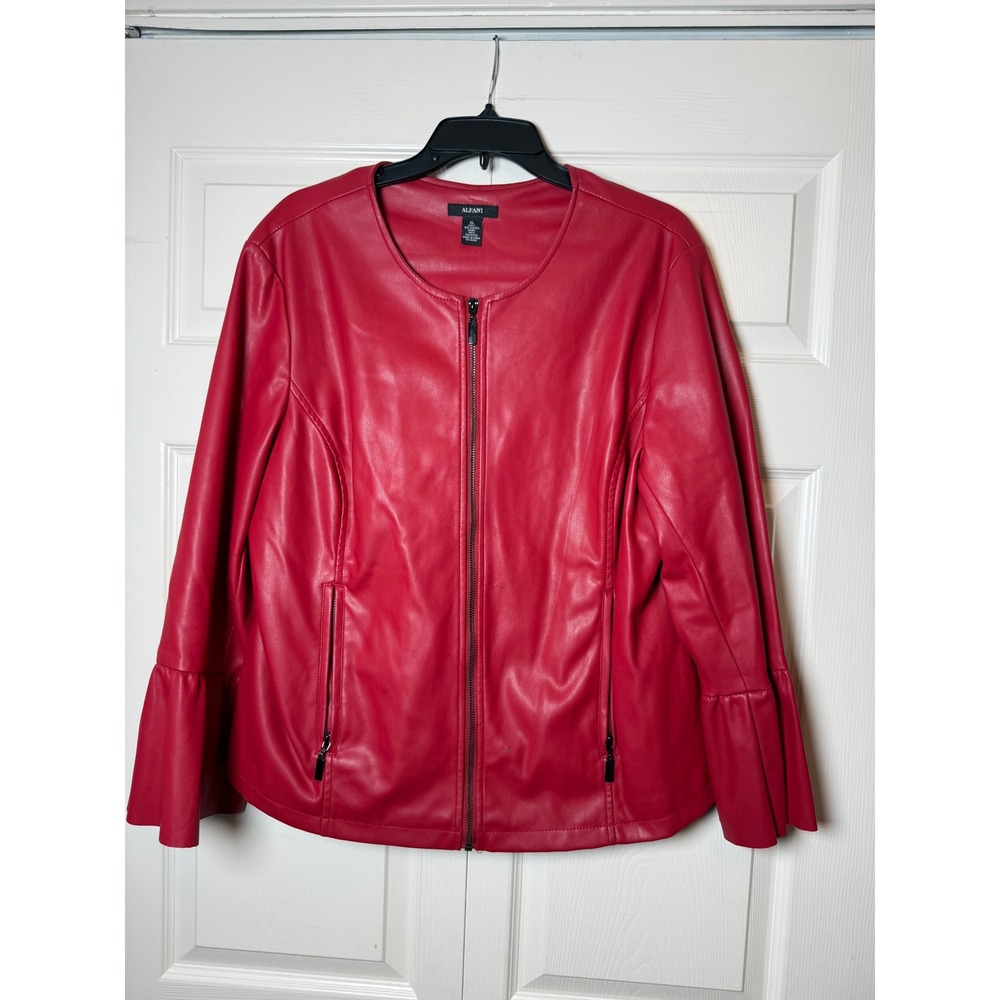 Red faux-leather jacket ruffled cuffs